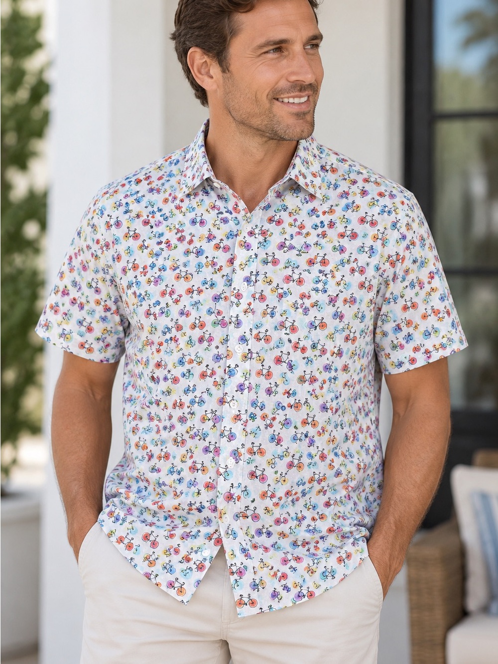 Bugatchi Men’s Approx L Bicycle Print Cotton Short Sleeve Shirt